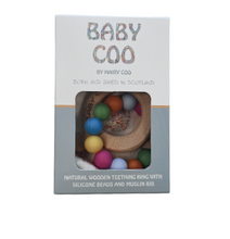 Load image into Gallery viewer, Baby Coo Wooden Teething Ring With Silicone Beads and Muslin Bib