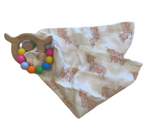 Load image into Gallery viewer, Baby Coo Wooden Teething Ring With Silicone Beads and Muslin Bib