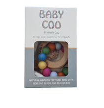 Load image into Gallery viewer, Baby Coo Wooden Teething Ring With Silicone Beads and Muslin Bib
