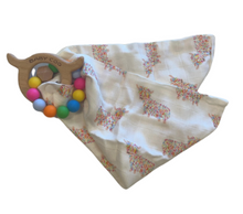 Load image into Gallery viewer, Baby Coo Wooden Teething Ring With Silicone Beads and Muslin Bib
