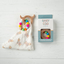 Load image into Gallery viewer, Baby Coo Wooden Teething Ring With Silicone Beads and Muslin Bib
