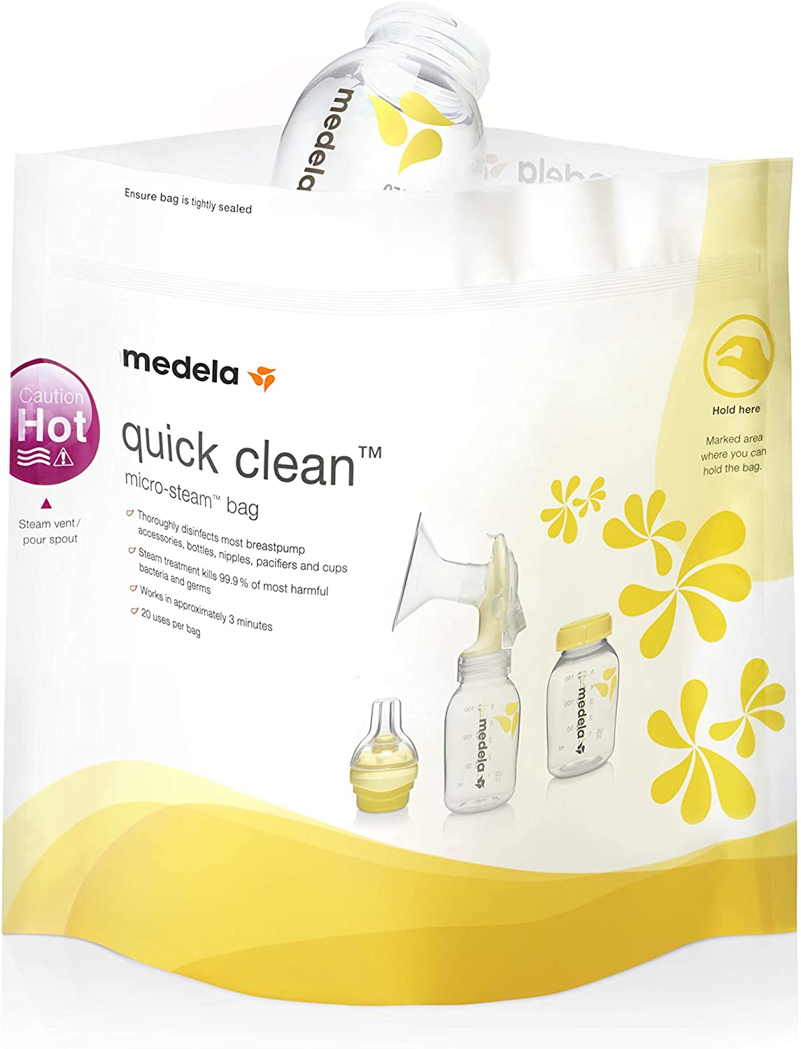 Medela Quick Clean MicroSteam Bags, Sterilizing Bags for Bottles Breast  Pump Parts Eliminates 99.9 of Common Bacteria Germs Disinfects Most  Breastpump Accessories, Yellow, 12 Pack : Baby 